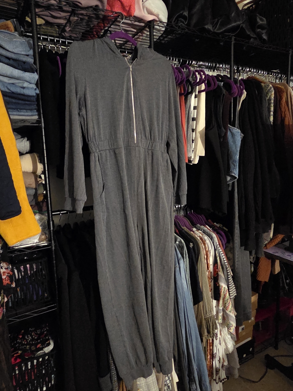 Gray Long Sleeve Hooded Jumpsuit Dress with Front Zip